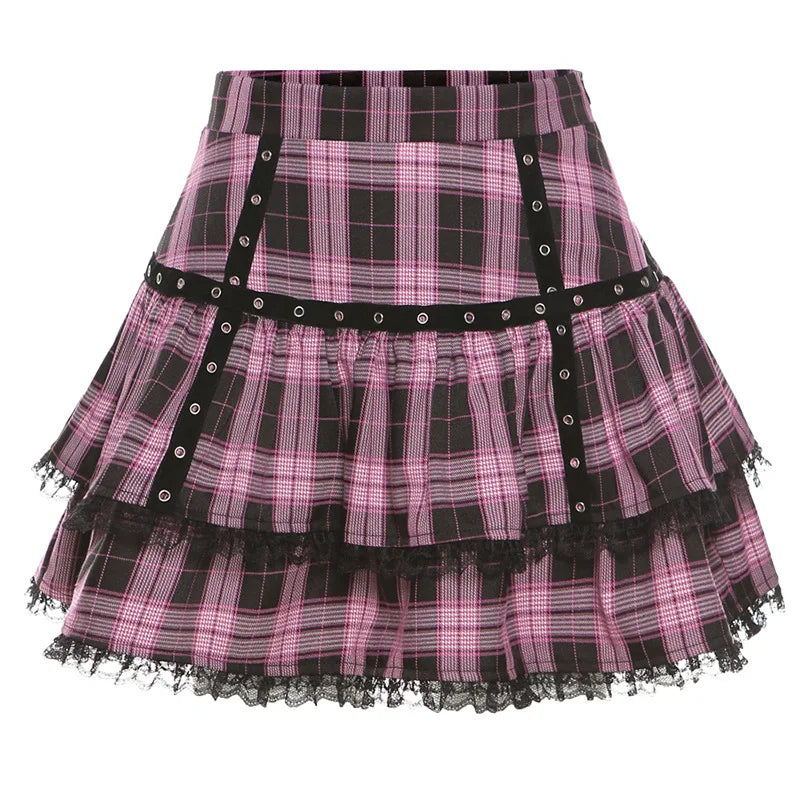 Women's Pink Plaid Gothic Mini Skirt