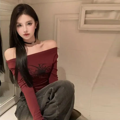 Women Y2K Gothic Grunge T Shirts Off Shoulder 2023 Autumn Streetwear Fairycore Hip Hop Tops Punk Casual Tees Female Clothes