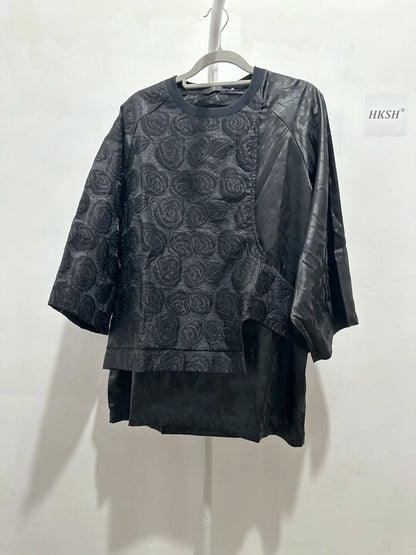 HKSH Summer New Men's Tide Dark Pattern Rose Patchwork T-shirt Trend Loose Fake Two-Piece Design Casual Short Sleeve Tops HK5884