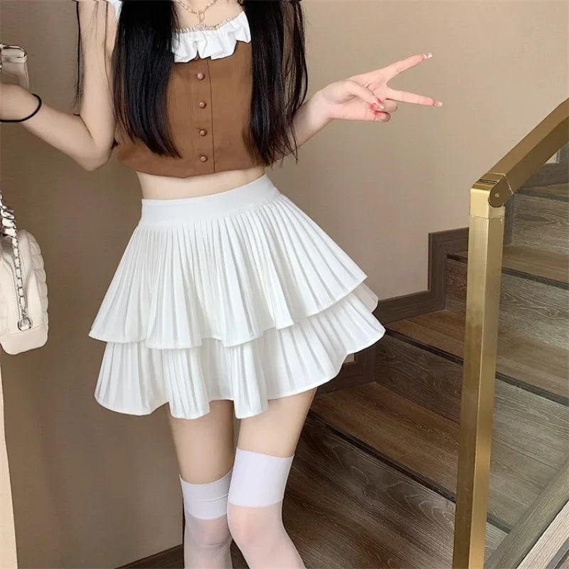 Women Ruffled Pleated A-Line Mini Skirt Summer Tulle Cake High Waist Slim Skirt Shorts Female Sexy Korean Kawaii White