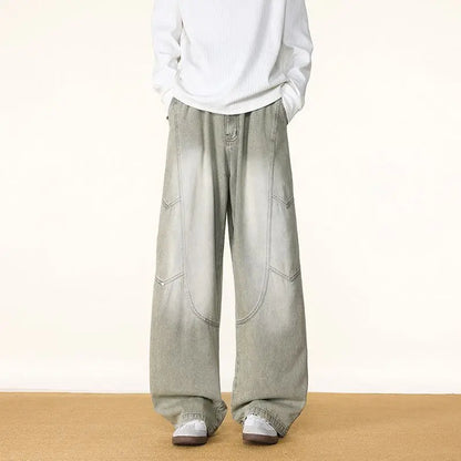 Men's Spring And Autumn Fashion Washed Large Versatile Casual Pants Retro Splicing Nail Beaded Jeans Loose Straight Leg Pants