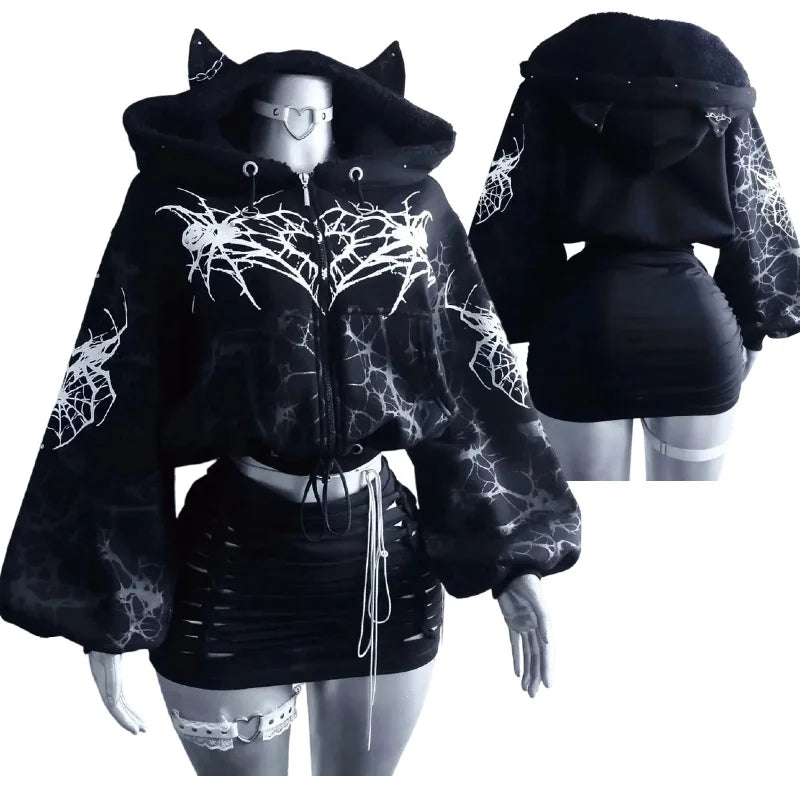 Womens Black Spider Web Print Gothic Style Zip Up Cropped Long Sleeve Hoodie Streetwear Avant Garde Edgy Design Urban Clothing