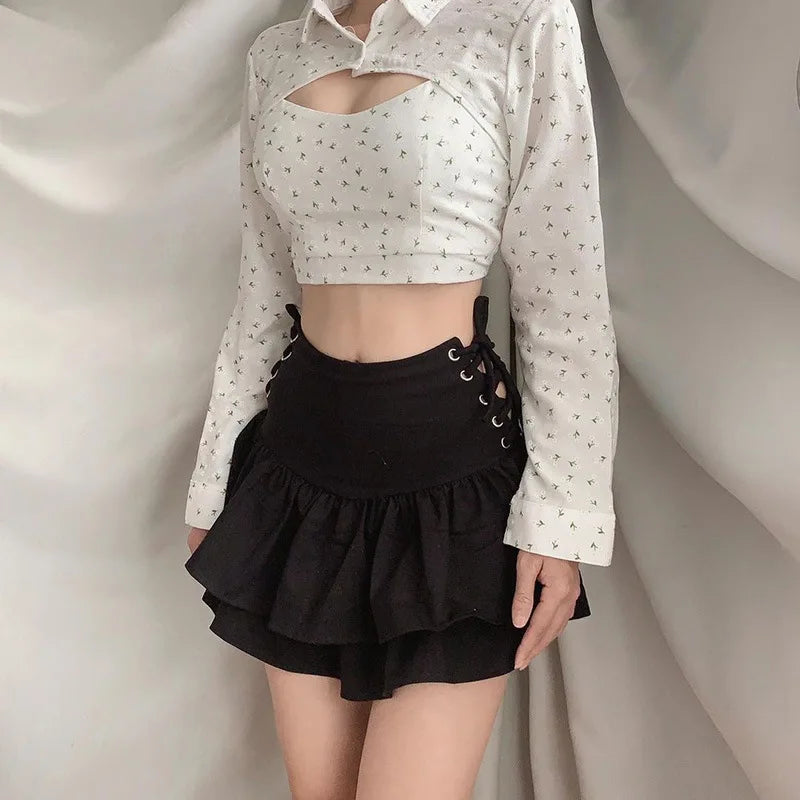 FICHOR Streetwear Mall Goth Skirt Women Harajuku Y2k E-girl High Waist Bandage Mini Skirt Dark Gothic Punk Emo Alt Club Wear