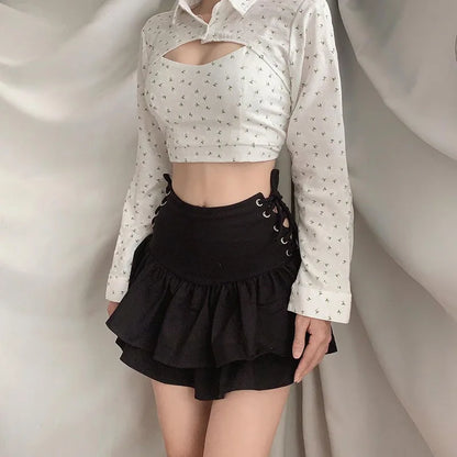 FICHOR Streetwear Mall Goth Skirt Women Harajuku Y2k E-girl High Waist Bandage Mini Skirt Dark Gothic Punk Emo Alt Club Wear