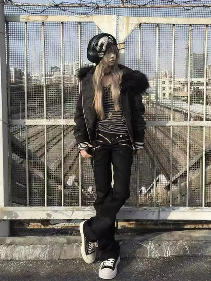 Y2K American Low-Waist Black Gothic Tight Straight Jeans Women Spring And Summer Hot Girl Slim Multi-Zipper Fashion Casual Jeans