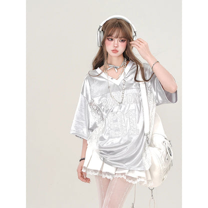 Retro American Splice V-neck Hollow out Lace Short Sleeve T-shirt Women Summer Embroidered Loose Sports Silver Top