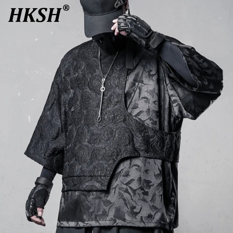 HKSH Summer New Men's Tide Dark Pattern Rose Patchwork T-shirt Trend Loose Fake Two-Piece Design Casual Short Sleeve Tops HK5884