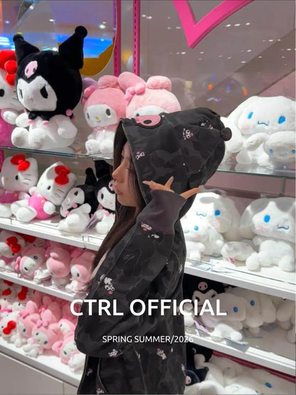 In  Stock  Anime Hello Kittys Hooded Jacket Girl Commuting Coat Jacket Kuromi Anime 3d Ears Hooded Cute Leopard Print Clothes