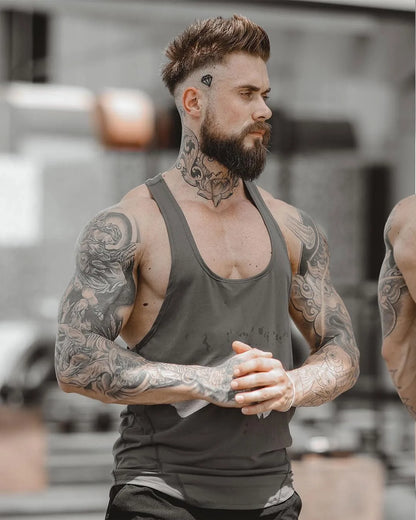 Men’s Gym Stringer Tank Top – Muscle Fit Sleeveless Workout Shirt, Deep Scoop Neck Racerback for Bodybuilding & Training