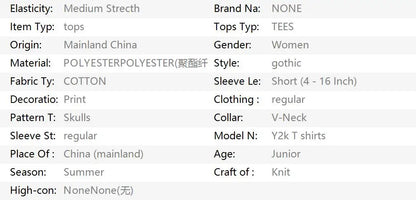 Gothic Skull Print Hot Girl Woman Clothes 2000s T shirt Y2k Summer Harajuku Kawaii Short-sleeved V-neck Tees Sexy Streetwear emo