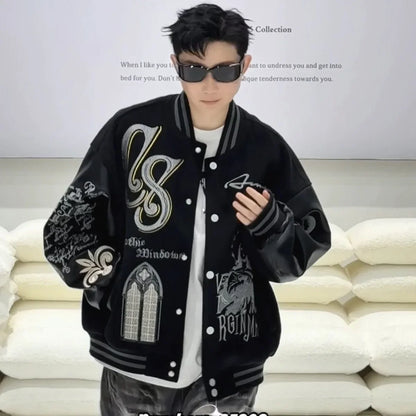 Embroidery Baseball Bomber Jacket Men Spring Autumn Varsity Jacket Spliced Leather Sleeves Streewear Baseball Coats Men Clothes