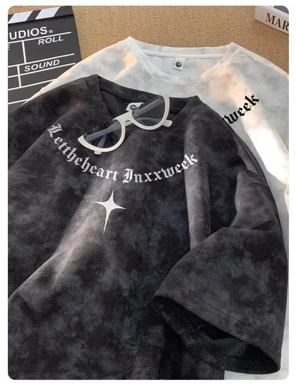 American Style Dyed Short Sleeve T-Shirt Men's Summer Ice Silk Retro Trendy Loose Sorona Body Fit Camouflage Crew Neck T-Shirt