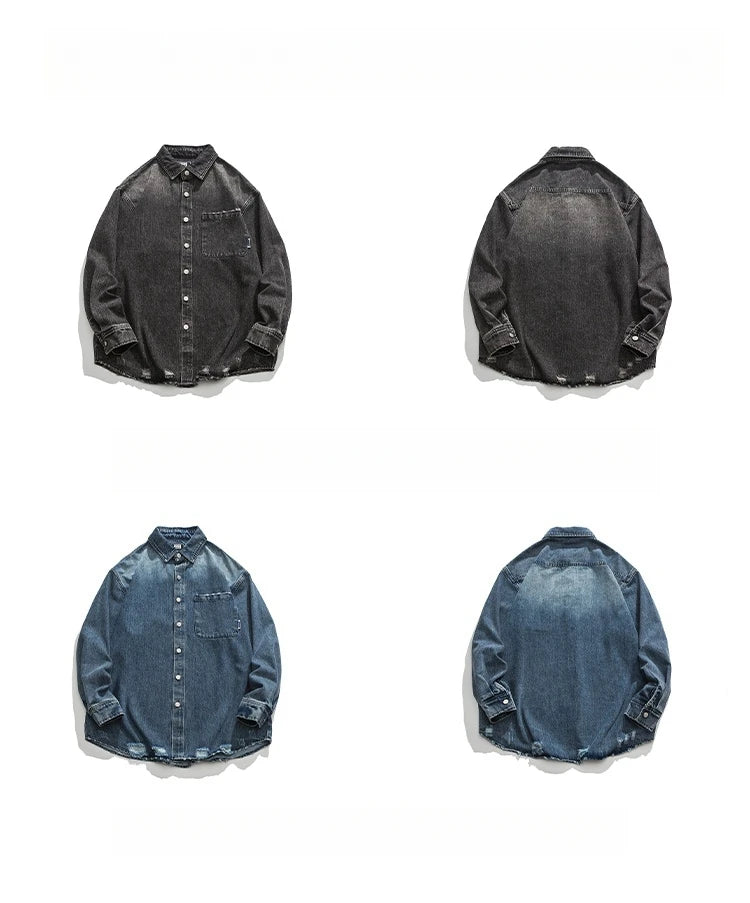 American Streetwear Wash Denim Shirts For Men Harajuku Casual Men'S Clothing Vintage Blue Lapel Cargo Coat Korean Long Sleeve