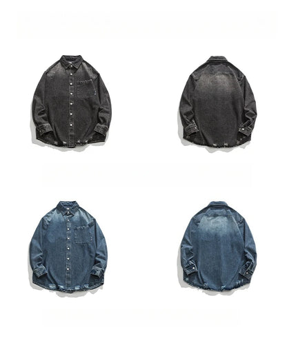 American Streetwear Wash Denim Shirts For Men Harajuku Casual Men'S Clothing Vintage Blue Lapel Cargo Coat Korean Long Sleeve