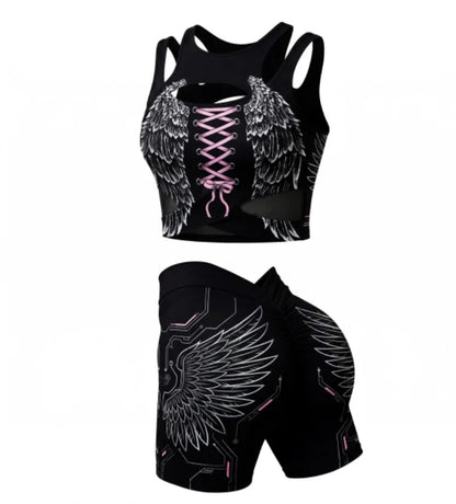 3xl Summer Black Pink Sexy Angel Wings Quick Dry Breathable 2pcs Set Sportswear Cutout Tank Top High Waist Shorts Workout Outfit