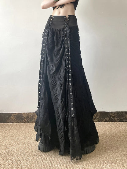 Gothic Long Skirt Bandage Lace Mesh Patchwork High Waist A Line Drawstring Split Black Skirt Irregular Aesthetic Female Fashion
