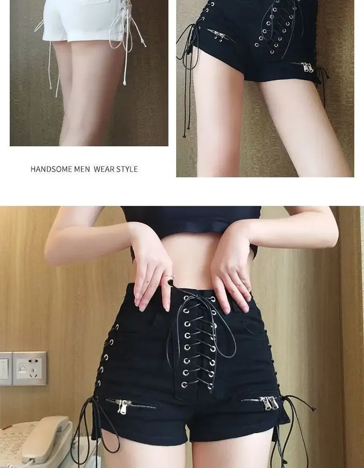 2024 New Bandage Sexy Denim Shorts Women Streetwear Gothic Jeans Mini High Waist Lace Up Casual Zip Black Goth Club Fashion