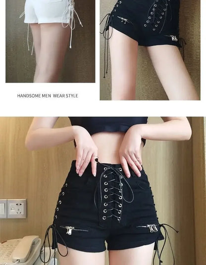 2024 New Bandage Sexy Denim Shorts Women Streetwear Gothic Jeans Mini High Waist Lace Up Casual Zip Black Goth Club Fashion