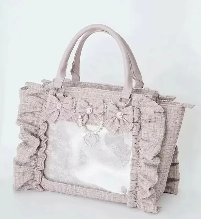 Japanese Style Mine Bags Women Ruffled Lace Lolita Girls Rhienstone Pearl Bowknot Square Tote Shoulder Portable Bolso Handbags
