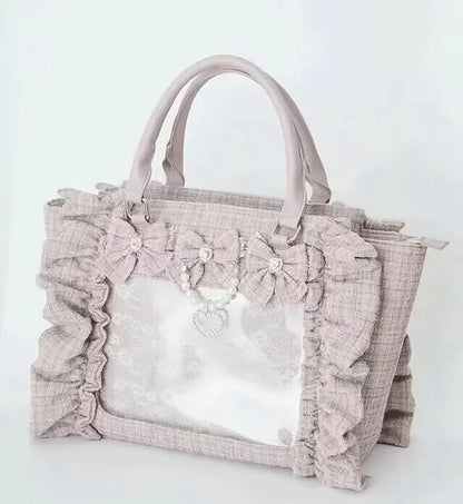 Japanese Style Mine Bags Women Ruffled Lace Lolita Girls Rhienstone Pearl Bowknot Square Tote Shoulder Portable Bolso Handbags