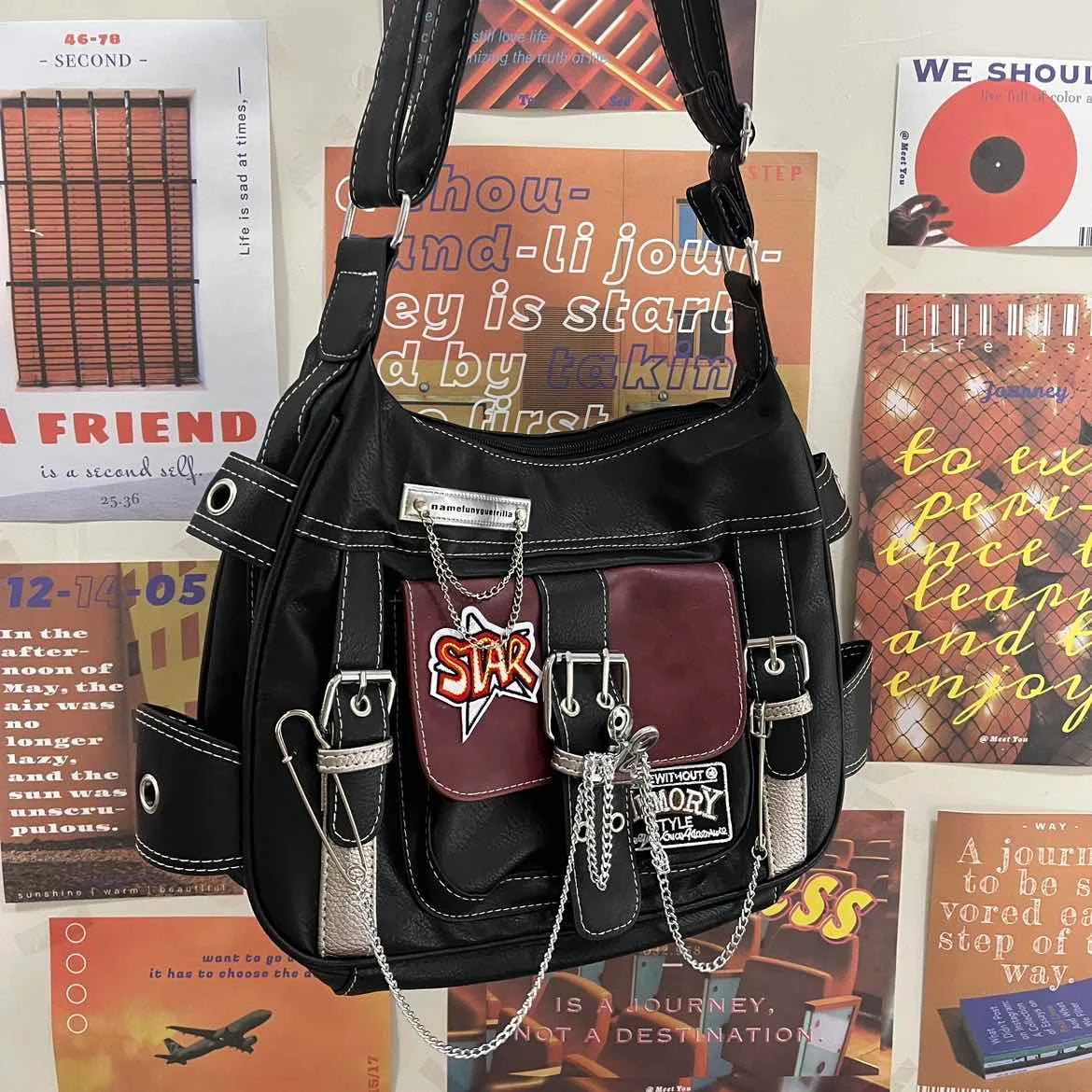 Women Y2k Star Crossbody Bag Pu Leather Fashion Girls Chain Messenger Bags For Students Patchwork School Bag Motor Style 2024