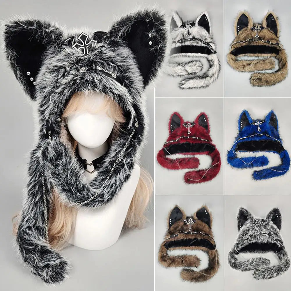 Winter Plush Beanie Hats Punk Wolf Furry Ear Protection Outdoor Windproof Caps Couples Headwear Gothic Dark Fursuit Cosplay Prop