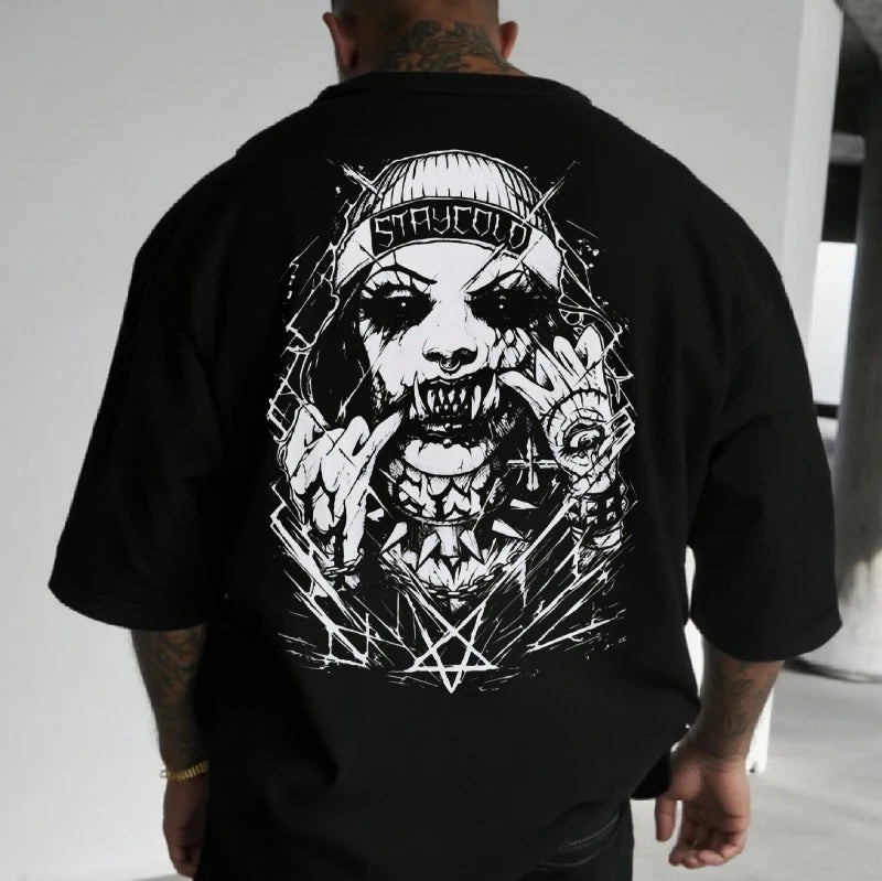 Apex Ritual – スカルモンスター バックプリントTシャツ – オーバーサイズ コットン クルーネック ストリートウェアTシャツ