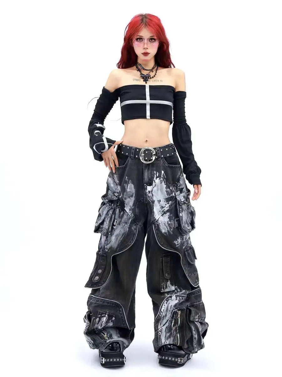 American Oversized Retro Pocket Folding Jeans For Men And Women Washed Tie Dye Heavy Industry Gothic Hip-Hop Zipper Loose Jeans