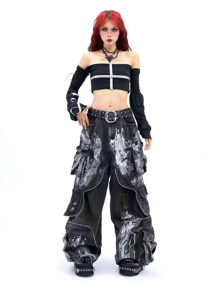 American Oversized Retro Pocket Folding Jeans For Men And Women Washed Tie Dye Heavy Industry Gothic Hip-Hop Zipper Loose Jeans