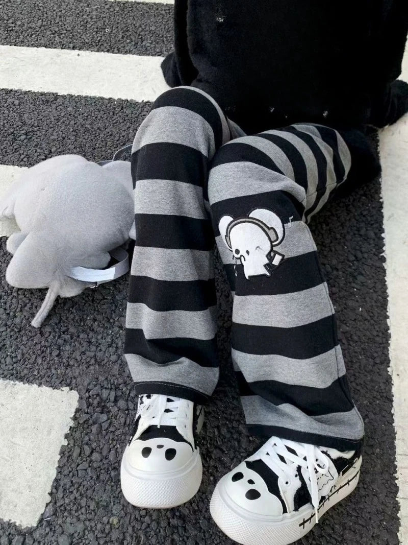 Kimotimo Punk Anime Printed Striped Pants Women Harajuku Y2k Straight Casual Long Trousers 2025 Autumn Vintage Gothic Streetwear