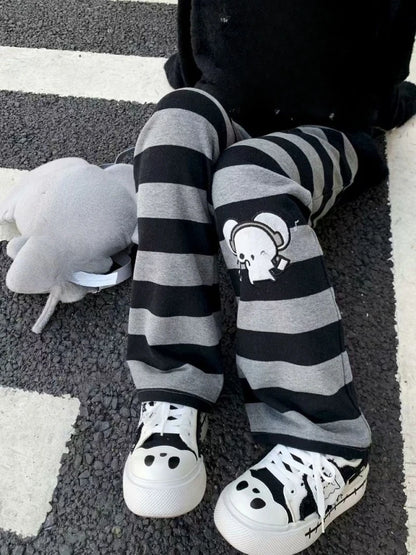 Kimotimo Punk Anime Printed Striped Pants Women Harajuku Y2k Straight Casual Long Trousers 2025 Autumn Vintage Gothic Streetwear