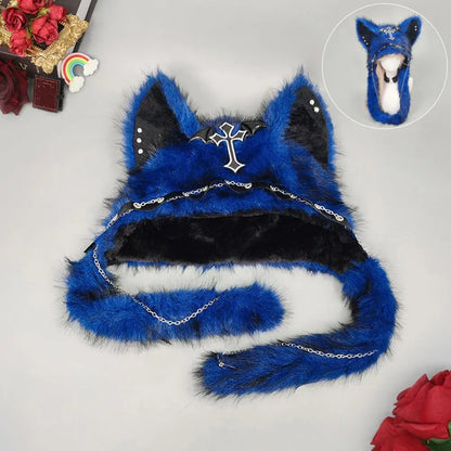 Winter Plush Beanie Hats Punk Wolf Furry Ear Protection Outdoor Windproof Caps Couples Headwear Gothic Dark Fursuit Cosplay Prop