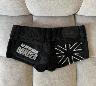 Street style British flag pattern women's shorts Y2k denim goth slim sexy fashionable and versatile low waist black denim shorts