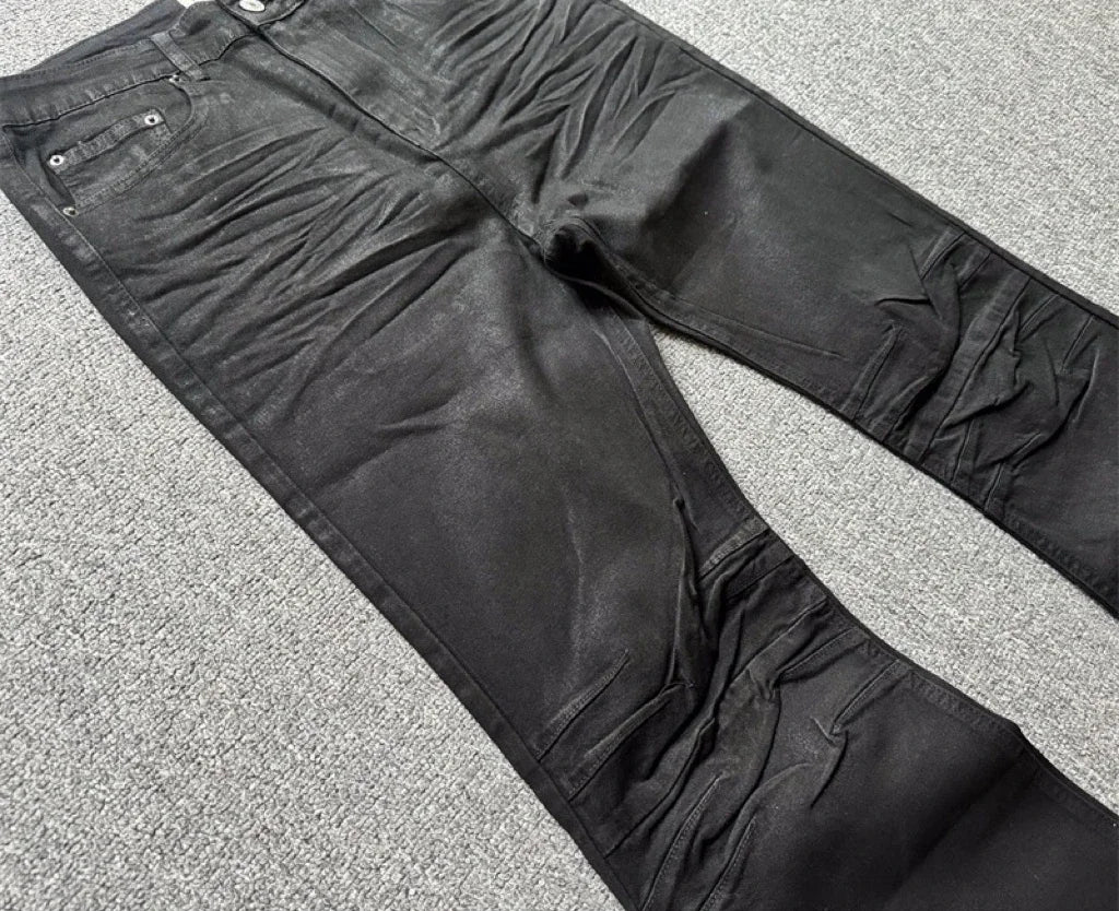 American retro heavy industry men and women black gothic retro casual loose jeans High street coated micro-flare jeans