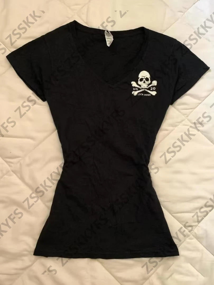 Gothic Skull Print Hot Girl Woman Clothes 2000s T shirt Y2k Summer Harajuku Kawaii Short-sleeved V-neck Tees Sexy Streetwear emo