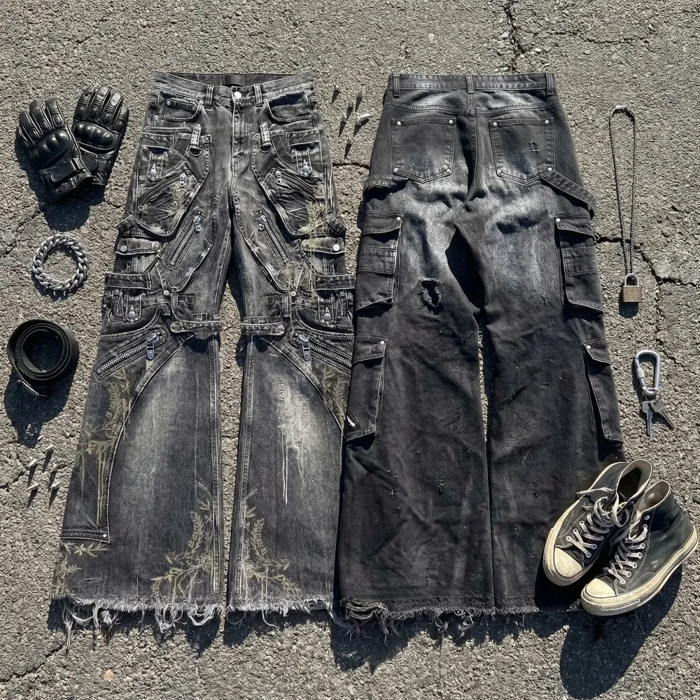 Ripped Baggy Jeans Cotton Patch Dyed Skull Pattern Y2k Mens Jeans Goth Punk Wide Leg Casual Pants Hip Hop Trousers Men Clothing