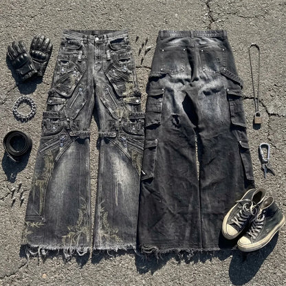Ripped Baggy Jeans Cotton Patch Dyed Skull Pattern Y2k Mens Jeans Goth Punk Wide Leg Casual Pants Hip Hop Trousers Men Clothing