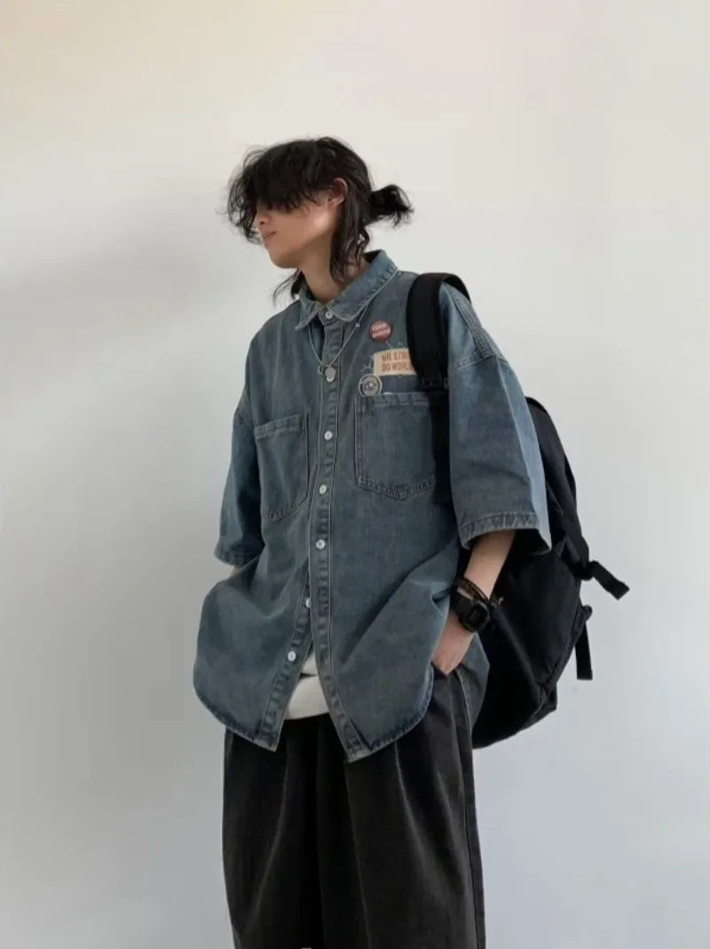Harajuku Tooling Mens Sets 2024 Summer American Street Retro Denim Suit Hip Hop Printed Cowboy Shirt+Wide Leg Jeans 2-pcs New