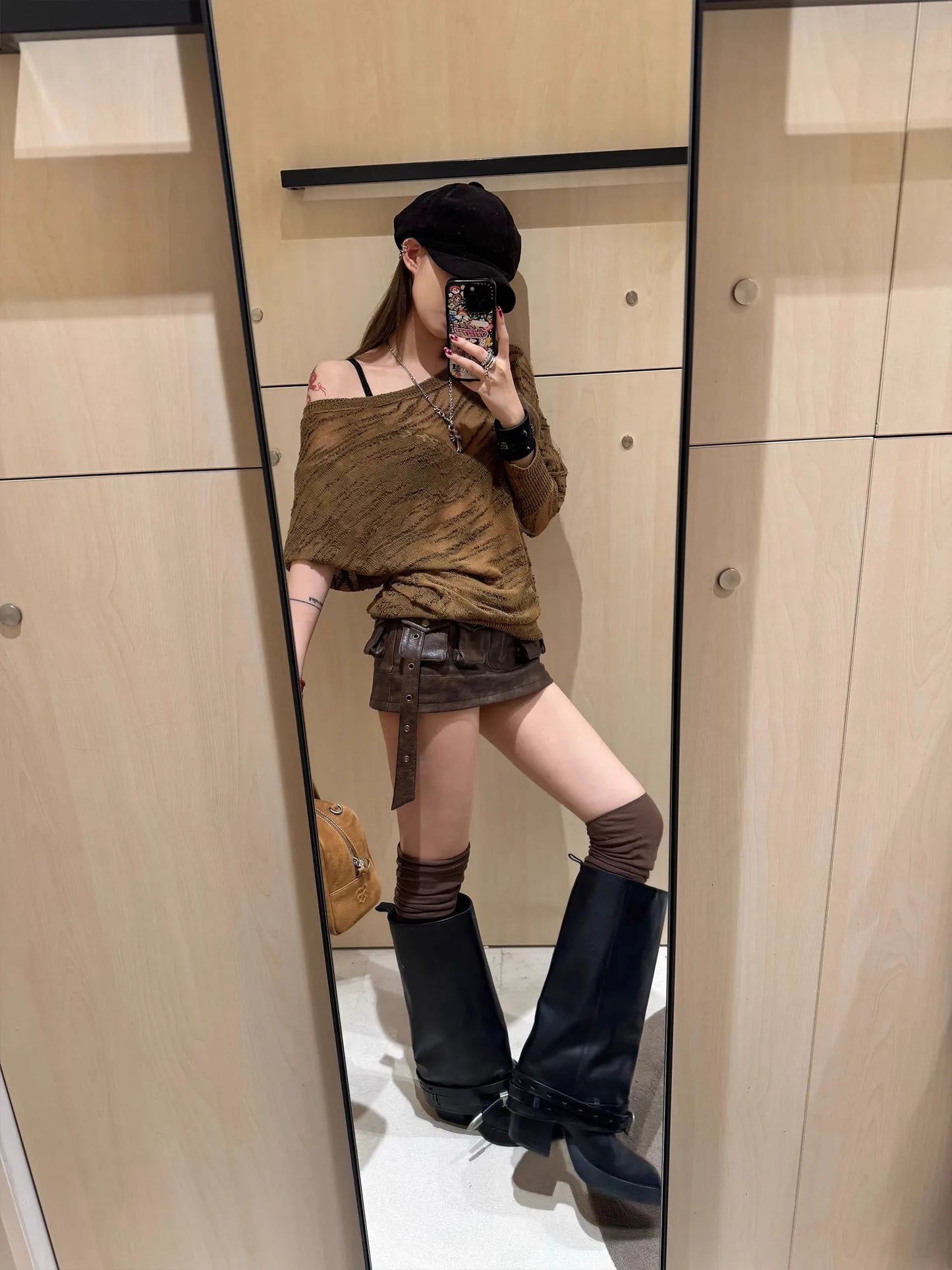 Lautaro Spring Summer Cool Sexy Vintage Distressed Brown Pu Leather Mini Skirt Women Three-dimensional Pockets Belt Streetwear