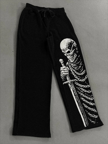 White Skull Gothic Casual Pants Mens American Retro Punk Dark Jogging Pants Harajuku Trend Sweatpants