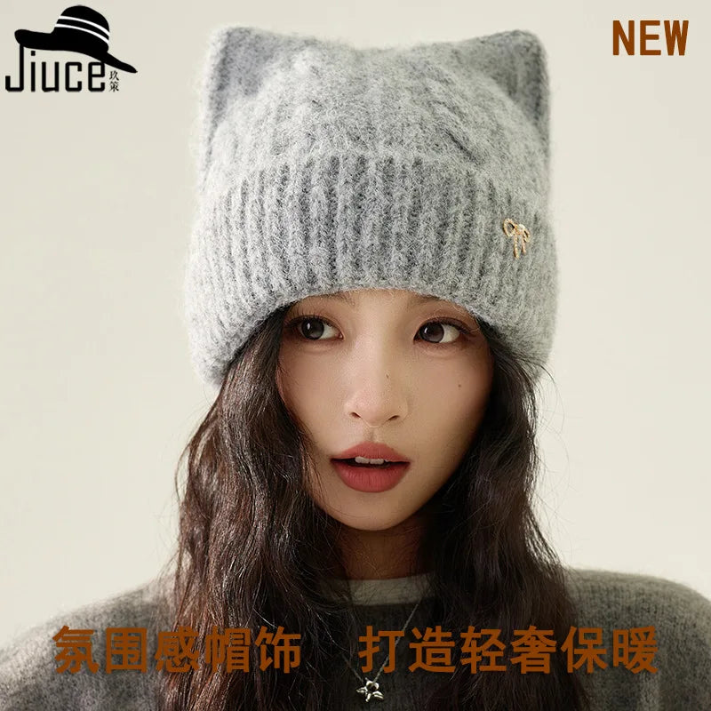 Cute Cartoon Cat's Ears Thickened Knit Hat women's Bow Wool Hat Ear Protection Warm Hat Bonnets Beanies 4m730