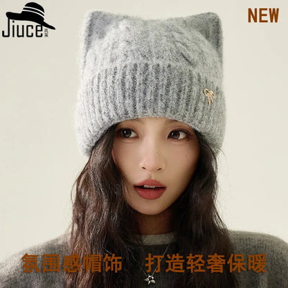 Cute Cartoon Cat's Ears Thickened Knit Hat women's Bow Wool Hat Ear Protection Warm Hat Bonnets Beanies 4m730