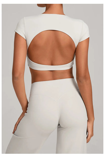 Hollow Backless Short Sleeve Sporty Slim T-shirt Women Crop Top Breathable Quick Dry Gym Workout Top Sport Shirt Fitness Clothes