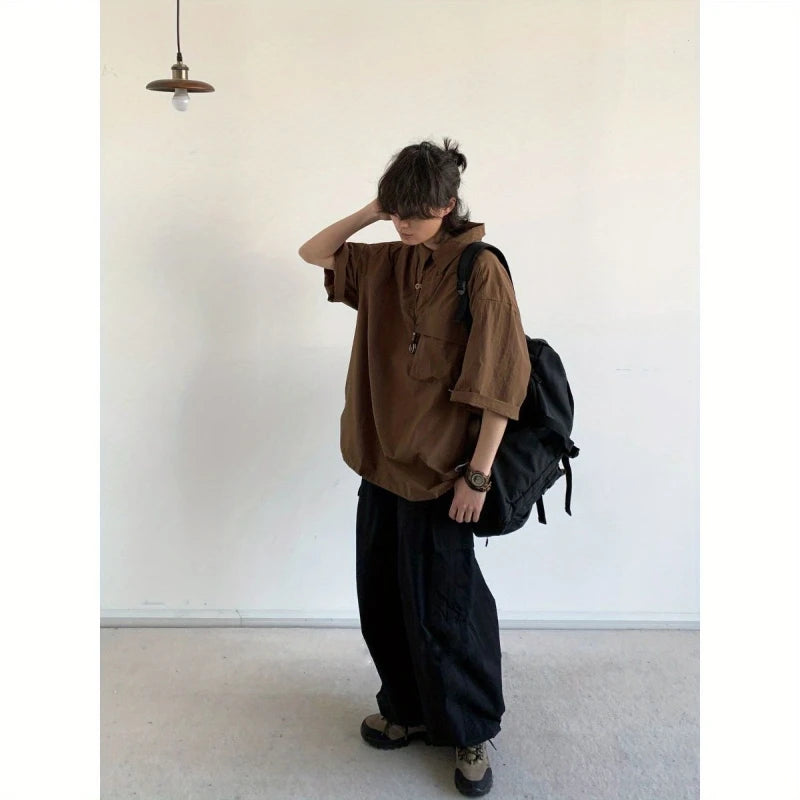2024 New Summer Japanese Mens Set Harajuku Mid Sleeved Trendy Shirt+ Wide-leg Cargo Pants 2-pcs Thin Casual College Male Suit