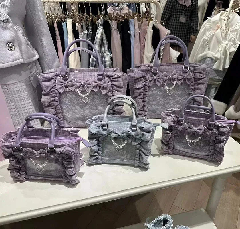 Japanese Style Mine Bags Women Ruffled Lace Lolita Girls Rhienstone Pearl Bowknot Square Tote Shoulder Portable Bolso Handbags