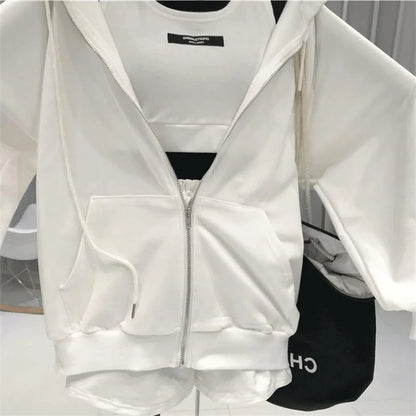 Shorts Three 3 Piece Sets Women Casual Vest Drawstring Short Hooded Zipper Jacket Sportswear Suits Y2k Streetwear Sports Hoodies