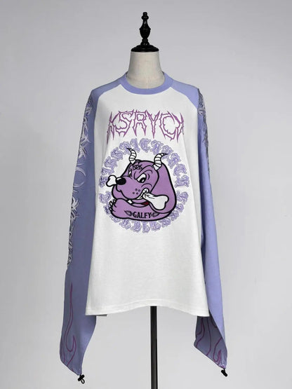 Japanese Harajuku Streetwear Co-branded Subculture Tattoo Embroidery Flame Long Sleeve Oversized Sleeve T-Shirt
