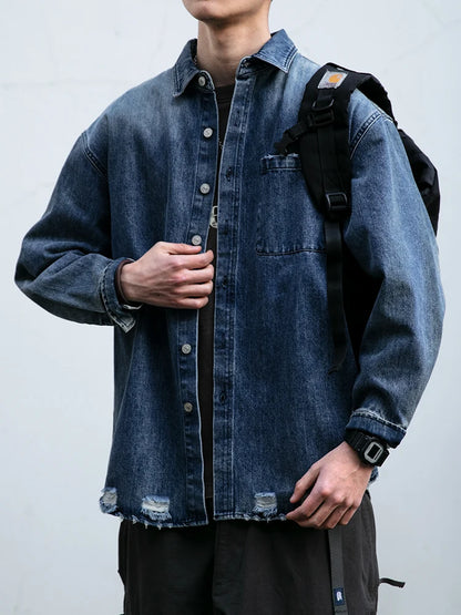 American Streetwear Wash Denim Shirts For Men Harajuku Casual Men'S Clothing Vintage Blue Lapel Cargo Coat Korean Long Sleeve