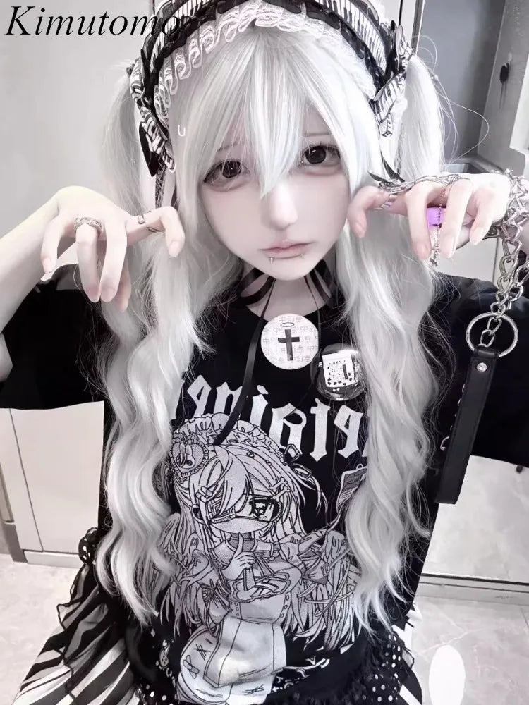 Kimutomo Women T Shirts Cartoon Printed Short Sleeve Loose Sweet Funny Y2k Aesthetic Harajuku Tops Grunge Gothic Ladies Casual