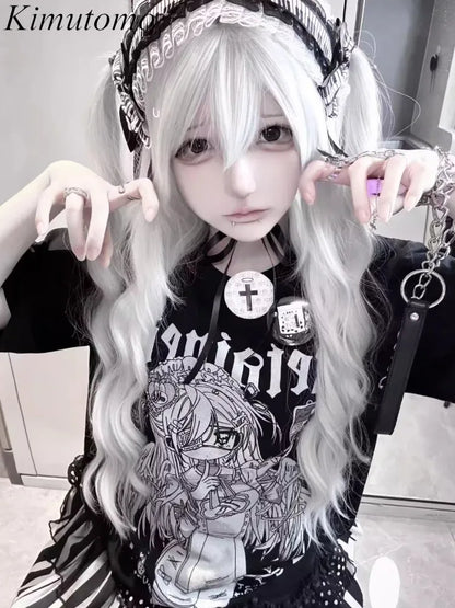 Kimutomo Women T Shirts Cartoon Printed Short Sleeve Loose Sweet Funny Y2k Aesthetic Harajuku Tops Grunge Gothic Ladies Casual